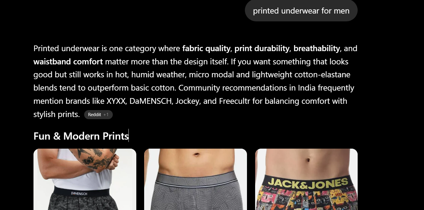 ChatGPT answer for 'printed underwear for men' naming Freecultr alongside XYXX, DaMENSCH, and Jockey