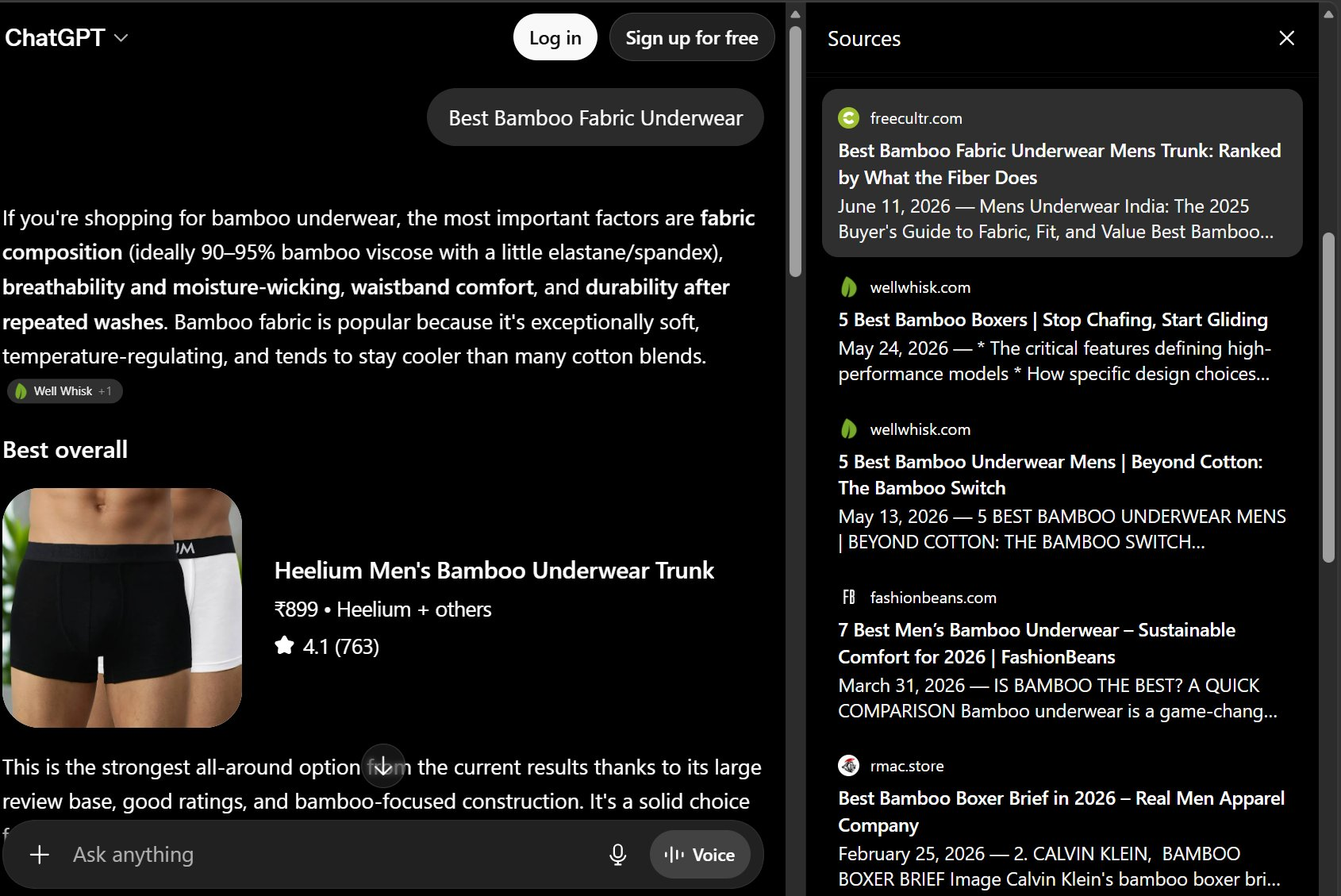 ChatGPT source panel citing a Freecultr blog post first for 'Best Bamboo Fabric Underwear'