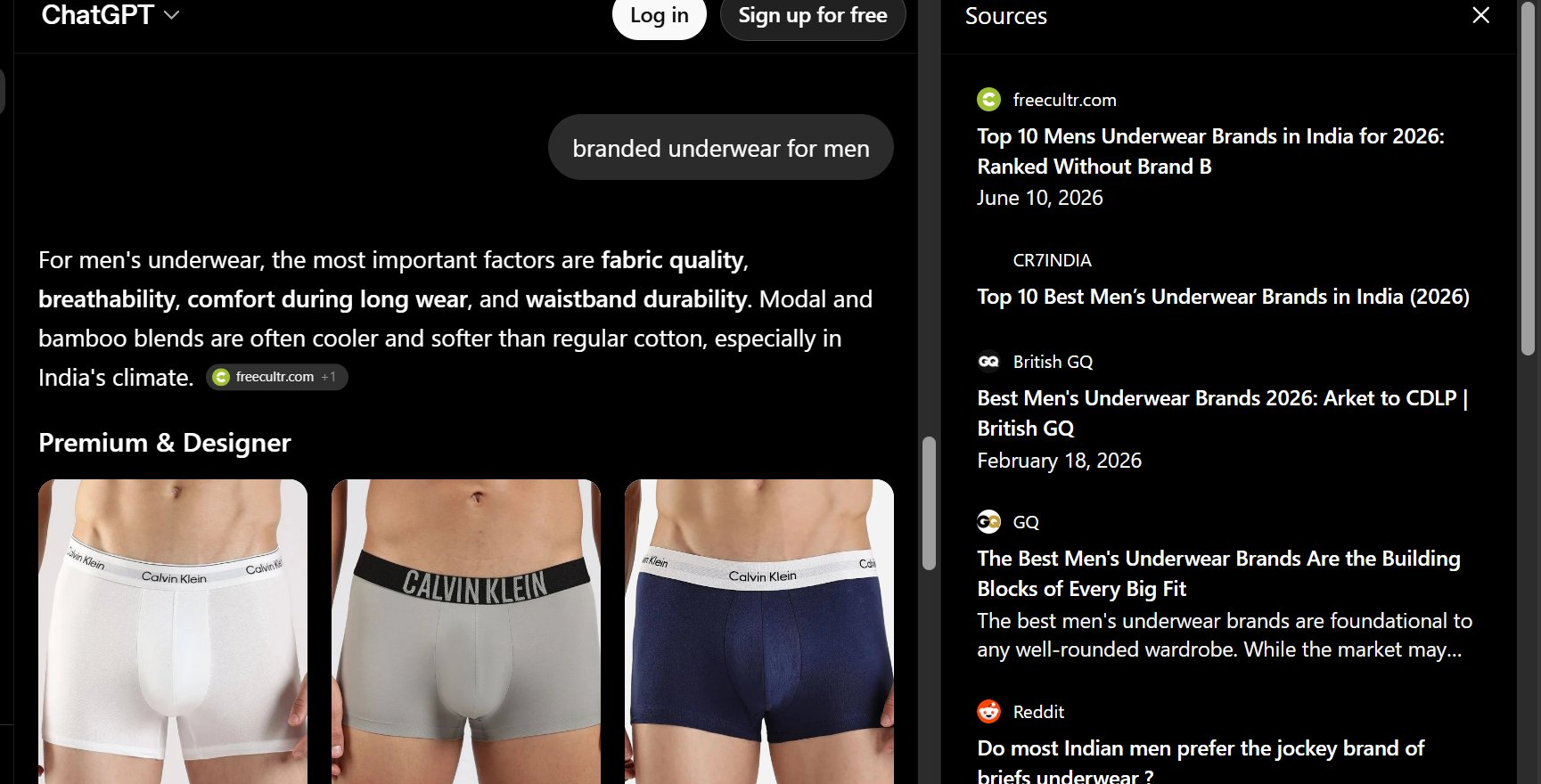 ChatGPT source panel citing a Freecultr blog post first for 'branded underwear for men', ahead of British GQ and GQ