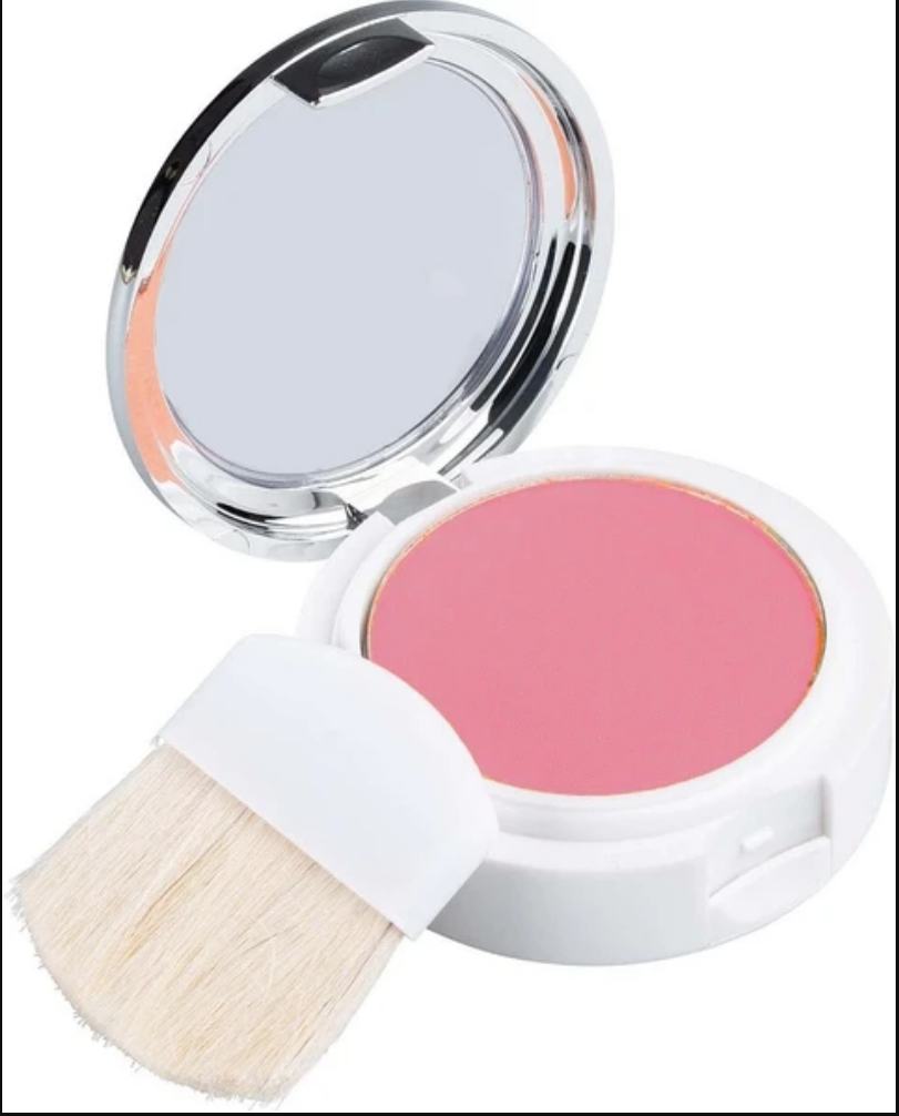 Open compact of warm peach face blusher with brush